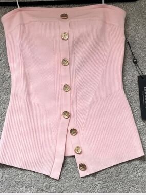 Emerson Lang Strapless Ribbed Corset Top with Gold Buttons - Light Pink